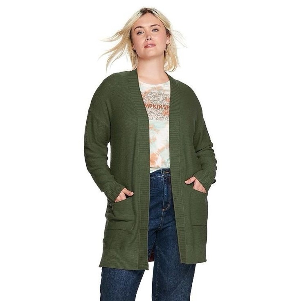 Sonoma Soft Open Front Cardigan Olive Green 1X Lightweight Oversized Nature Knit